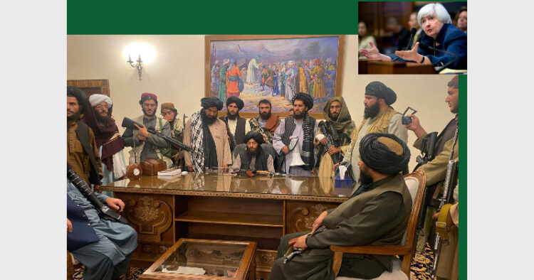 काबुल में काबिज तालिबानी। (प्रकोष्ठ में) अमेरिकी वित्त मंत्री जेनेट एल. येल