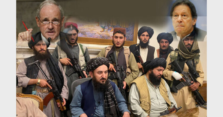 काबुल के राष्ट्रपति महल में तालिबान लड़ाके। प्रकोष्ठ में (बाएं) जिम रिश और (दाएं) पाकिस्तान के प्रधानमंत्री इमरान खान (फाइल चित्र)