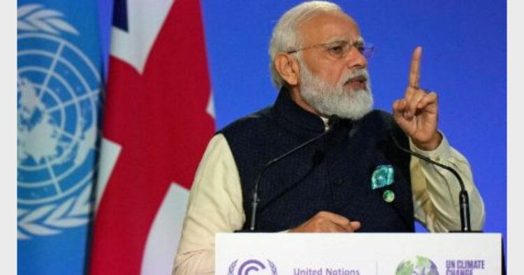 ग्लासगो में आयोजित जलवायु परिवर्तन सम्मेलन को संबोधित करते हुए प्रधानमंत्री नरेंद्र मोदी