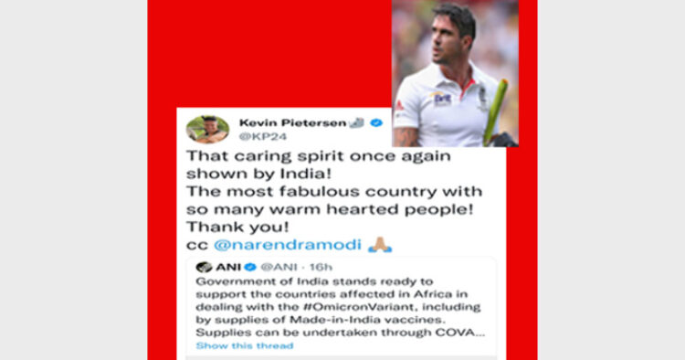 पीटरसन (प्रकोष्ठ में) का वह ट्वीट जिसमें उन्होंने भारत की तारीफ की है