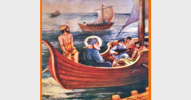 एक यात्रा के दौरान नाव से सागर पार जाते गुरु नानकदेव जी और उनके कुछ अनुयायी। गुरु नानक ने विश्व के अनेक तीर्थ स्थानों की यात्रा की थी अपने जीवनकाल में।