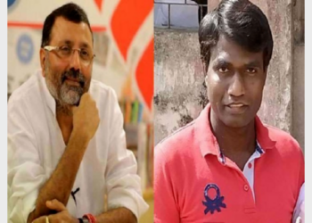 गोड्डा के सांसद निशिकांत दुबे (बाएं) और देवघर के उपायुक्त मंजूनाथ भजंत्री