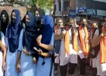 हिजाब के विरोध में भगवा स्कार्फ पहनकर छात्राओं ने निकाला मार्च, लगाए "जय श्री राम" के नारे”