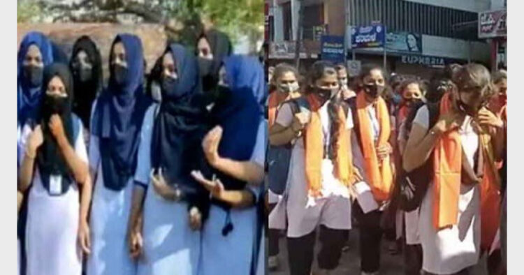 हिजाब के विरोध में भगवा स्कार्फ पहनकर छात्राओं ने निकाला मार्च, लगाए "जय श्री राम" के नारे”