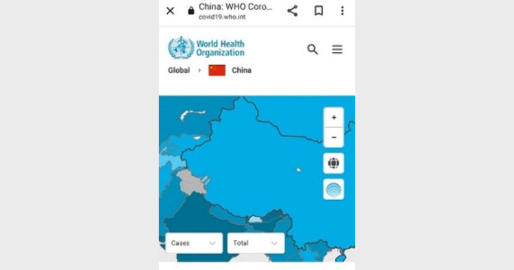 विश्व स्वास्थ्य संगठन के पोर्टल का स्क्रीनशॉट, जिसमें भारत के नक्शे में जम्मू—कश्मीर के एक हिस्से को नीली पट्टियों से चीन का हिस्सा दिखाया गया