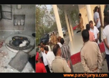 मंदिर के अंदर की गई तोड़फोड़ और मौके पर तैनात पुलिसबल