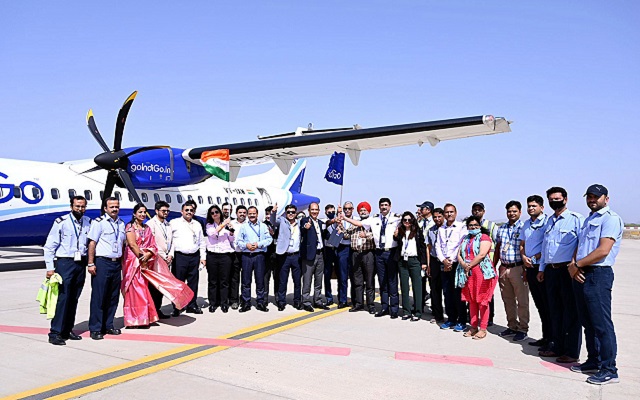 Ajmer, Apr 28 (ANI): IndiGo ATR 72-600 aircraft equipped with GAGAN lands using Localiser Performance with Vertical Guidance (LPV) Approach, at Kishangarh Airport, in Ajmer on Thursday. IndiGo Airline becomes the first airline in Asia to land Aircraft Using Indigenous Navigation System, GPS Aided GEO Augmented Navigation 'GAGAN'. (ANI Photo/ ANI Picture Service)