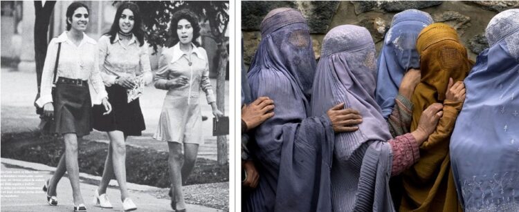 1970 के दशक में अफगान महिलाएं (बाएं) और 2022 में अफगान महिलाएं (दाएं)