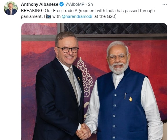 ऑस्ट्रेलियाई प्रधानमंत्री एंथनी अल्बनीस ने भारतीय प्रधानमंत्री नरेंद्र मोदी के साथ अपनी तस्वीर ट्वीट की
