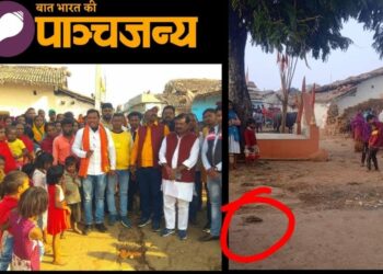 ग्रामीणों से मिलने पहुंचे जनप्रतिनिधि और दाएं मंदिर के पास वह स्थान जहां फेंका गया था मांस का टुकड़ा