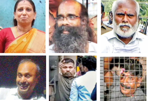 राजीव हत्याकांड के सभी 6 दोषियों को 12 नवंबर को रिहा किया गया। इनमें (बाएं से) नलिनी श्रीहरन, उसका पति वी. श्रीहरन उर्फ मुरुगन, संथन,, वी. रविचंद्रन, रॉबर्ट पायस व जयकुमार शामिल हैं। श्रीहरन और संथन श्रीलंका के नागरिक हैं।
