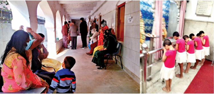 इलाज के लिए औषधालय के बाहर प्रतीक्षा करतीं महिलाएं- अपराजिता में पूजा करती बच्चियां