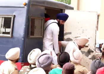 Amritsar, Mar 19 (ANI): Seven supporters of 'Waris Punjab De' chief Amritpal Singh brought to court after being arrested, at Beas, in Amritsar on Sunday. (ANI Photo)