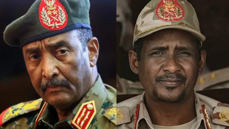 सूडान के संघर्षरत सेनाध्यक्ष जनरल अब्देल फतह बुरहान (बाएं) और   अर्धसैनिक बल एसएएफ प्रमुख मोहम्मद हमदान दागलो