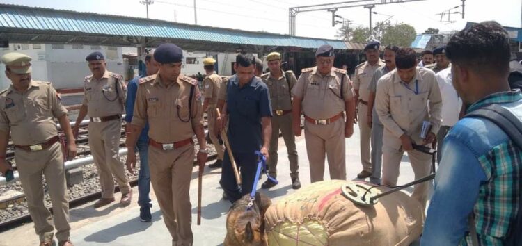 आजमगढ़ रेलवे स्टेशन पर जांच करते सुरक्षाकर्मी