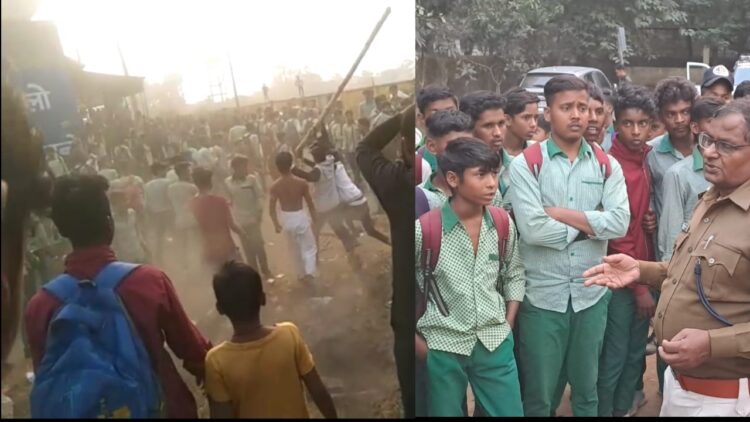 विद्यालय के बच्चे पर हमला करते मुस्लिम युवक और दाईं ओर पुलिस से न्याय की गुहार लगाते बच्चे