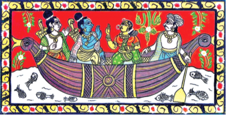 प्रभु राम, माता सीता और लक्ष्मण को गंगा पार कराते निषादराज का लोक कला शैली में बना चित्र
