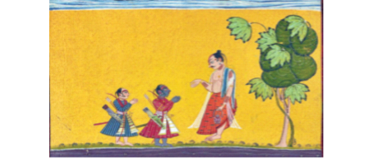 लोक कला शैली में बने चित्र में राम-लक्ष्मण और ऋषि विश्वामित्र