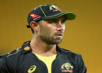 WELLINGTON, NEW ZEALAND - MARCH 03: Glenn Maxwell of Australia looks on during game three of the International T20 series between New Zealand Blackcaps and Australia at Sky Stadium on March 03, 2021 in Wellington, New Zealand. (Photo by Hagen Hopkins/Getty Images)