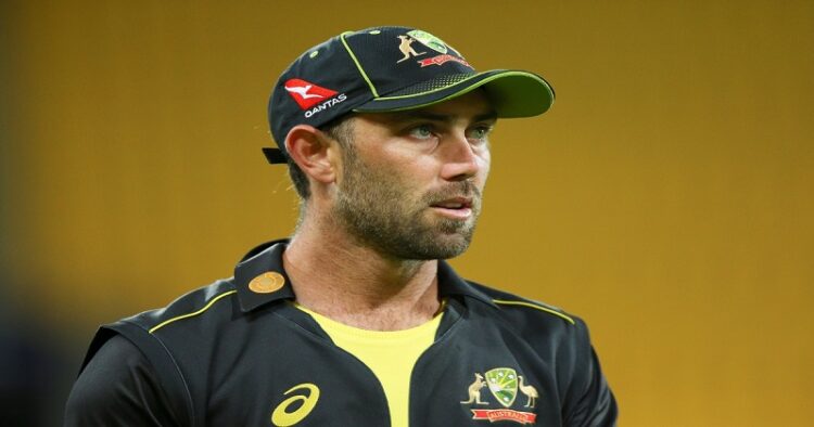 WELLINGTON, NEW ZEALAND - MARCH 03: Glenn Maxwell of Australia looks on during game three of the International T20 series between New Zealand Blackcaps and Australia at Sky Stadium on March 03, 2021 in Wellington, New Zealand. (Photo by Hagen Hopkins/Getty Images)