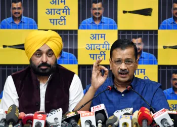 नई दिल्ली में प्रेस कॉन्फ्रेंस के दौरान अरविंद केजरीवाल और  भगवंत मान(फाइल फोटो-ANI )