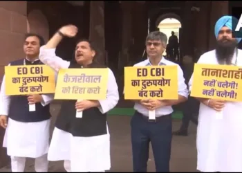 AAP MPs protested in Parliment premises demanding release of Arvind Kejriwal