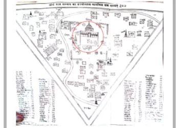 सम्भल का पुराना मानचित्र, इसमें सम्भल के सभी तीर्थ स्थल दर्शाए गए हैं, बीच में घेरे में हरिहर मंदिर है, जिस पर मुसलमानों का अवैध कब्जा है