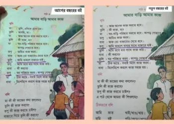 2024 में छपी पुस्तक  (बाएं) की कहानी में लड़के को घर के काम में हाथ बंटाने वाला बताया गया है जबकि इस साल छपी इसी कहानी (दाएं) में सिर्फ लड़की को घर की साफ-सफाई और कपड़े धोने की जिम्मेदार बताया गया है।