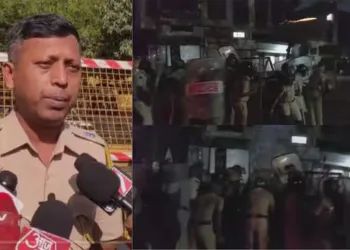 नासिक में अवैध रूप से बनी दरगाह में अवैध निर्माण को हटाने के दौरान मौके पर तैनात पुलिसकर्मी
