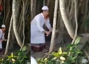 वीडियो में कुर्ता—लुंगी और गोल टोपी पहने मुस्लिम लोग खुशी खुशी बरगद के पेड़ पर आरी चलाते दिखते हैं