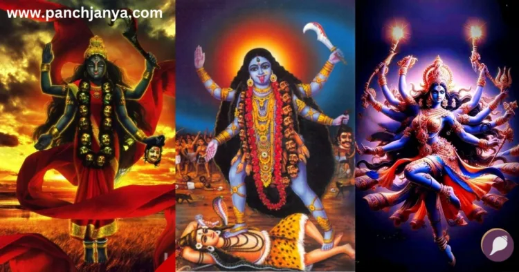 माँ काली का रौद्र स्वरूप खड्ग, नरमुंड और त्रिशूल के साथ
