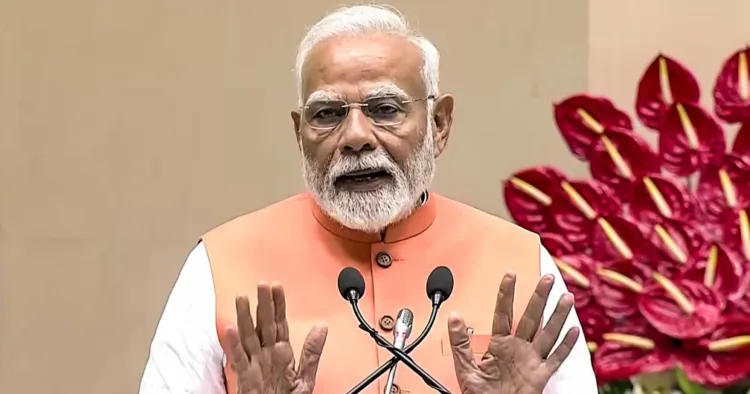 New Delhi. Jun 24 (ANI): Prime Minister Narendra Modi addresses the centenary celebration of the historic conversation between Sree Narayana Guru and Mahatma Gandhi, in New Delhi on Tuesday. (ANI Video Grab)
