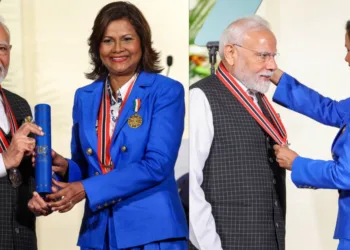 भारत के प्रधानमंत्री नरेंद्र मोदी को त्रिनिदाद और टोबैगो का सर्वोच्च राष्ट्रीय सम्मान प्रदान करतीं राष्ट्रपति  क्रिस्टीन कार्ला कंगालू ओआरटीटी।