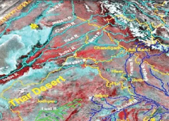  सिंधु नदी प्रणाली, गंगा नदी प्रणाली, लूणी नदी प्रणाली
इसरो के उपग्रह चित्र में सिंधु, गंगा और लूणी नदी के प्रवाह क्षेत्र