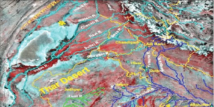 सिंधु नदी प्रणाली, गंगा नदी प्रणाली, लूणी नदी प्रणाली
इसरो के उपग्रह चित्र में सिंधु, गंगा और लूणी नदी के प्रवाह क्षेत्र