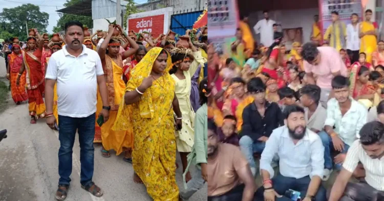 किशनगंज में कलशयात्रा निकाल रहीं महिलाओं को रोका गया। विरोध में धरने पर बैठे लोग।