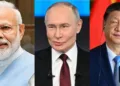 भारत के प्रधानमंत्री नरेंद्र मोदी, रूस के राष्ट्रपति व्लादिमीर पुतिन, चीन के राष्ट्रपति शी जिनपिंग