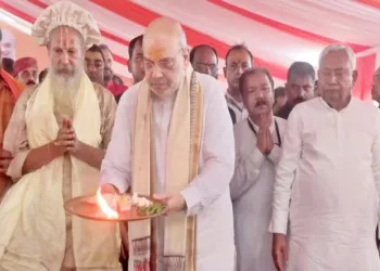 पुनौराधाम में केंद्रीय गृहमंत्री अमित शाह ने रखी जानकी मंदिर की आधारशिला।