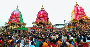 Devotees in large numbers gather to take part in the Rath Yatra of Lord Jagannath and his two siblings