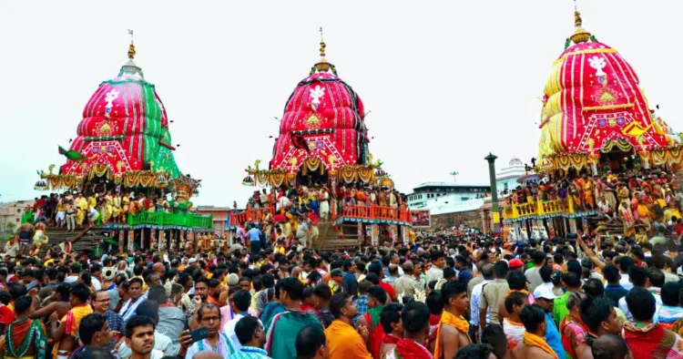 Devotees in large numbers gather to take part in the Rath Yatra of Lord Jagannath and his two siblings