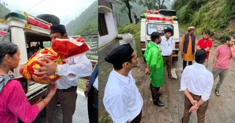धराली आपदा प्रभावितों की मदद के लिए पहुंचे संघ के स्वयंसेवक।