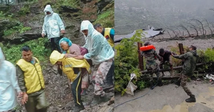 पीड़ितों को बचाते हुए राहतकर्मी