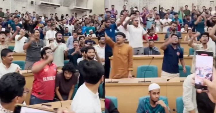 ढाका यूनिवर्सिटी में हिजाब के समर्थन में नारे लगाते छात्र।