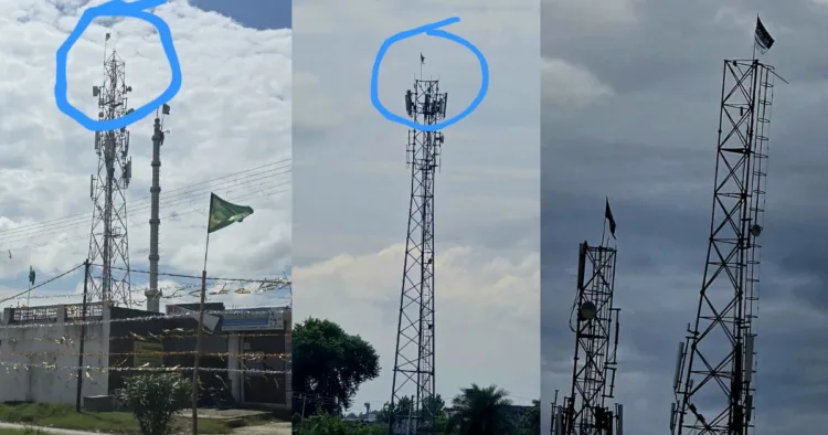 मोबाइल टावर पर लगे इस्लामिक झंडे