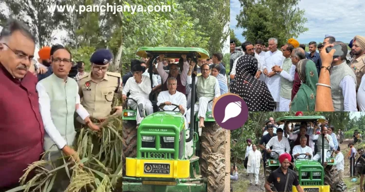 पंजाब बाढ़ 2025: शिवराज सिंह चौहान प्रभावित गांवों में किसानों से मिलते हुए