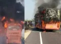 जैसलमेर में चलती बस में लगी आग।