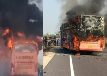 जैसलमेर में चलती बस में लगी आग।