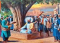 मुगल आक्रांता औरंगजेब के आदेश पर गुरु तेग बहादुर का शीश कलम करने का फरमान सुनाता काजी