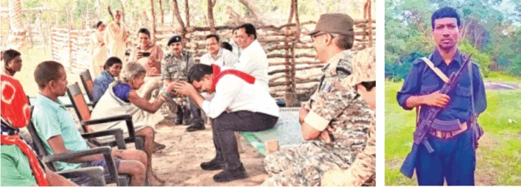 छत्तीसगढ़ के उपमुख्यमंत्री विजय शर्मा ने बस्तर के नक्सल प्रभावित पूर्वती गांव जाकर नक्सली माड़वी हिडमा और बारसे देवा की माताओं से मुलाकात कर उनसे अपील की थी कि वे अपने बेटों को आत्मसमर्पण के लिए मनाएं। (दाएं) सुरक्षा बलों के साथ मुठभेड़ में मारा गया माड़वी हिडमा