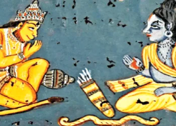 एक पट्ट चित्र, जिसमें भक्त हनुमान अपने आराध्य श्रीराम को प्रणाम करते हुए दिख रहे हैं